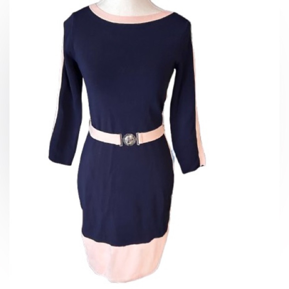 Ralph Lauren Knit Sweater Dress Navy Blue Pink Belted XS Designer Extra Small